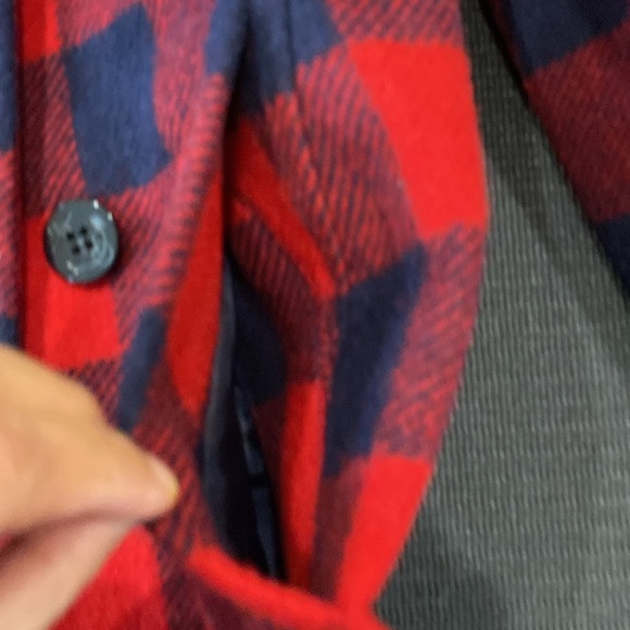 J. Crew 100% Wool Red & Navy Buffalo Check Plaid Pea Coat  Double Buttons Size 2 - Picture 10 of 14